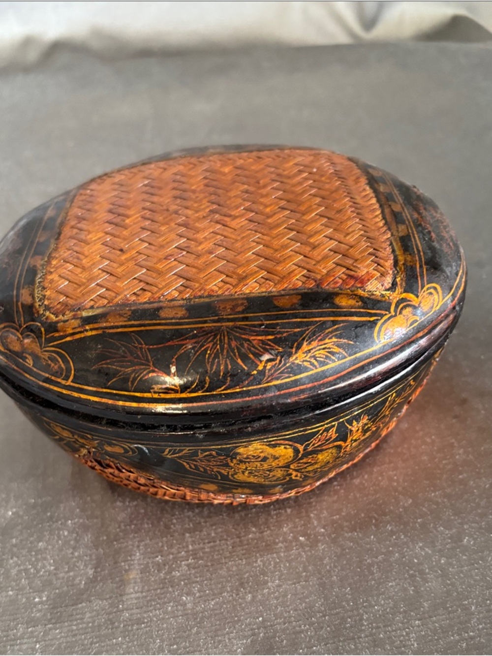 Woven Bamboo and Lacquer Oval Trinket Box - Black and Brown